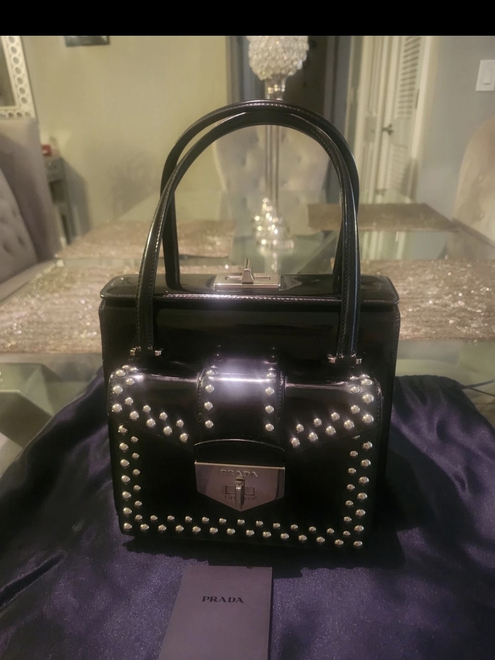 Prada Black Patent Leather Studded Top-Handle Satchel